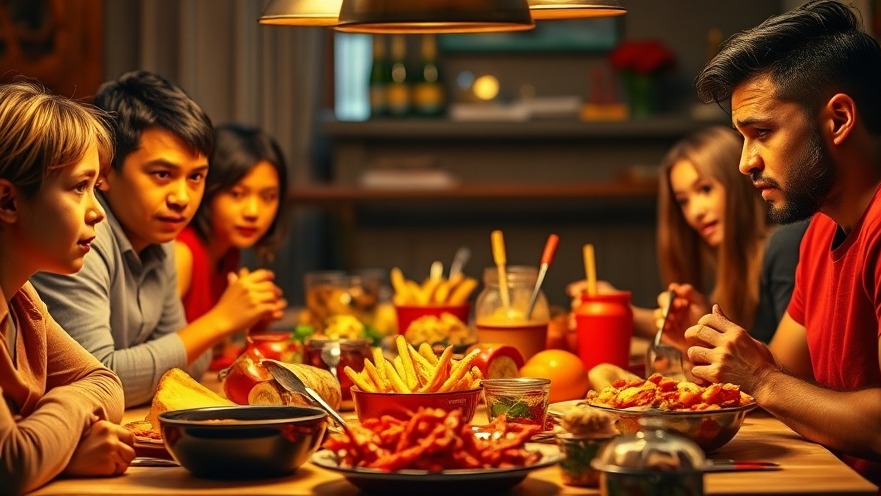 Concerned family around a dinner table with processed foods, highlighting unhealthy food impacts.
