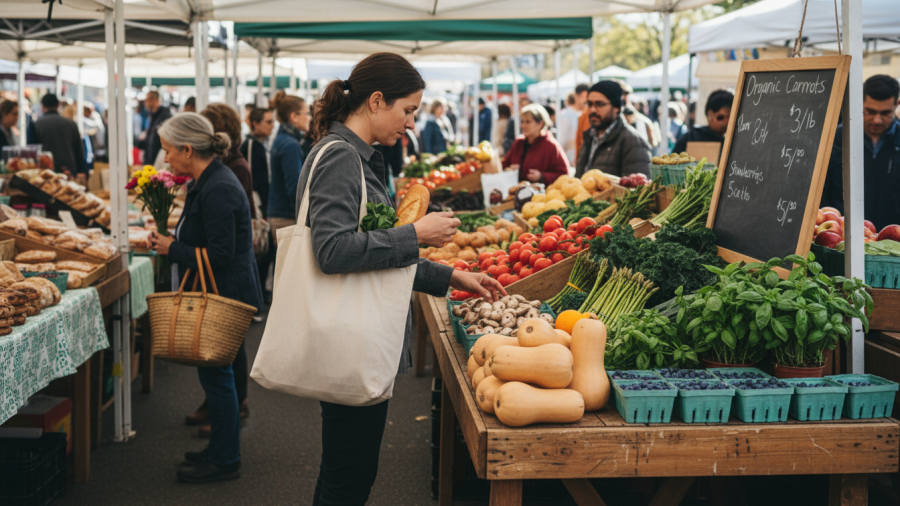 A shopper gathers fresh produce at Midtown Farmers Market, highlighting the benefits of shopping at farmers markets.