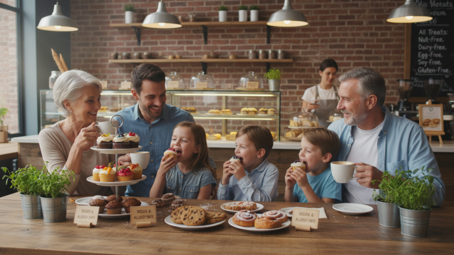 Vegan allergy safe bakery treats served in a warm family setting.