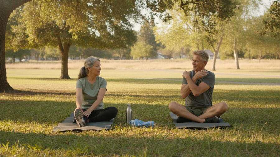 Couple enjoying post-workout stretches outdoors, embracing sustainable fitness in Sacramento.