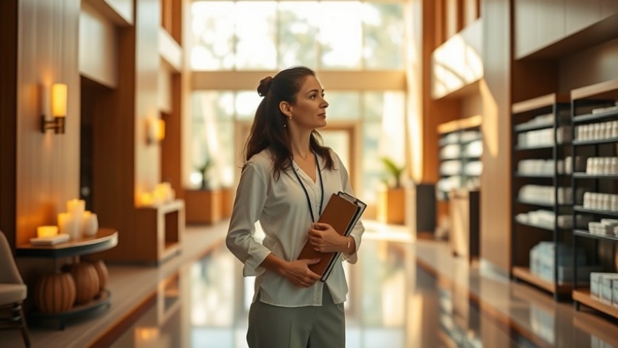 Spa director preparing for a successful day, embodying wellness routines in a tranquil lobby.