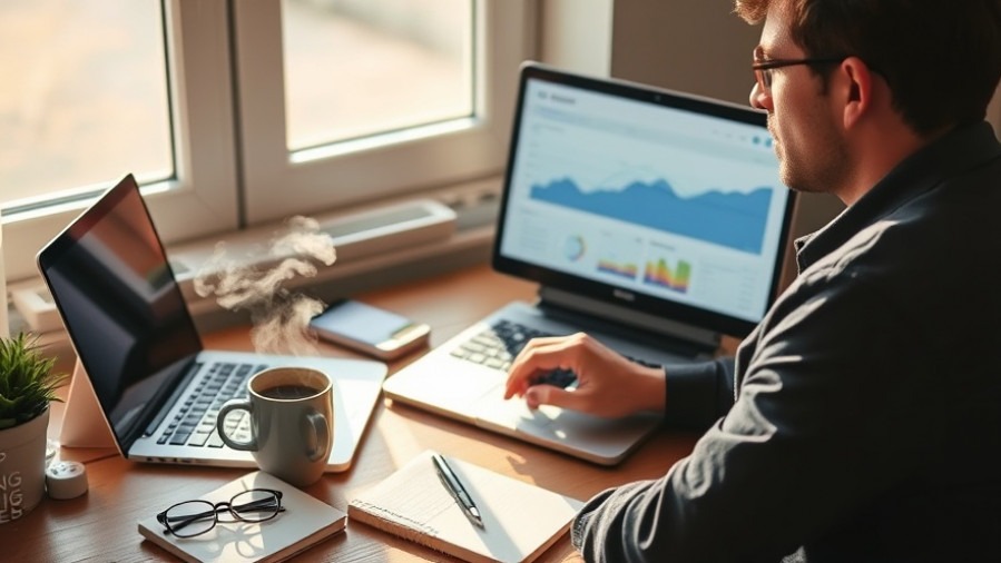 Small business owner analyzing B2B SEO insights in a warm-lit workspace.