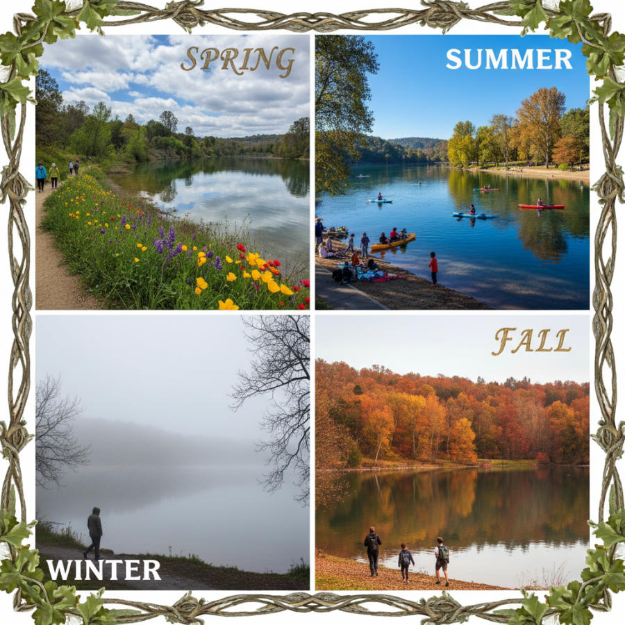Seasonal collage of Lake Natoma showcasing spring blooms, summer activities, fall foliage, and winter mist.