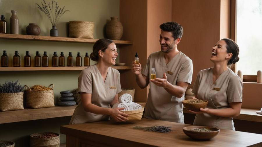 Spa staff sharing a laugh, showcasing personalized services that enhance customer loyalty.