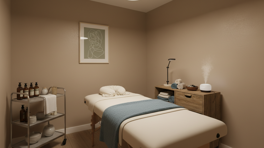 Intimate treatment room in use, showcasing real working conditions and calming decor.
