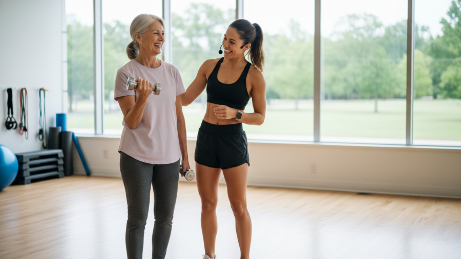 Older woman receiving wellness fitness coaching in Sacramento for healthy aging.