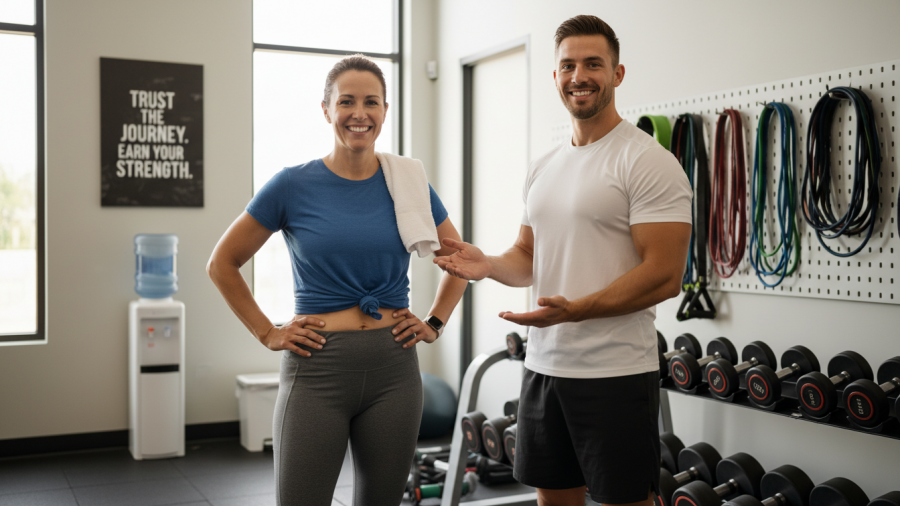 Personalized fitness coaching in Sacramento: client and trainer celebrate workout success.