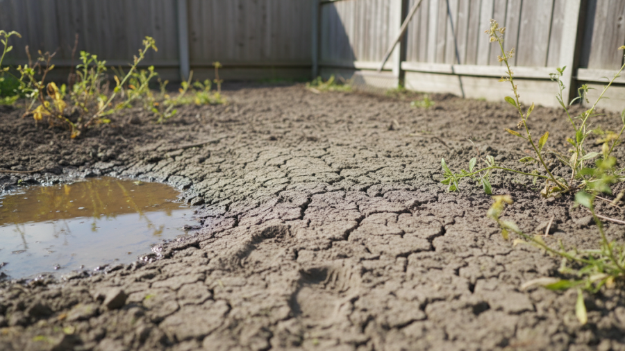Compacted soil showing drainage issues, highlighting soil compaction plant problems.