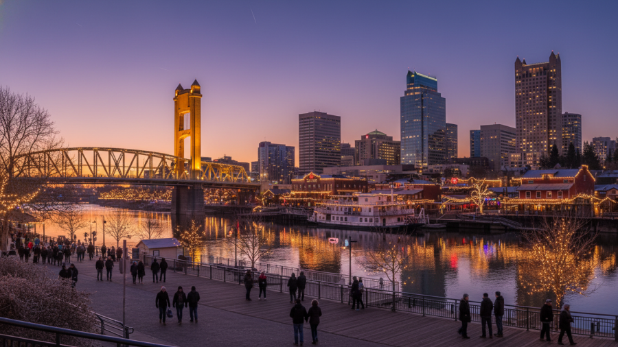 Sacramento skyline at dusk showcasing holiday traditions and community events.