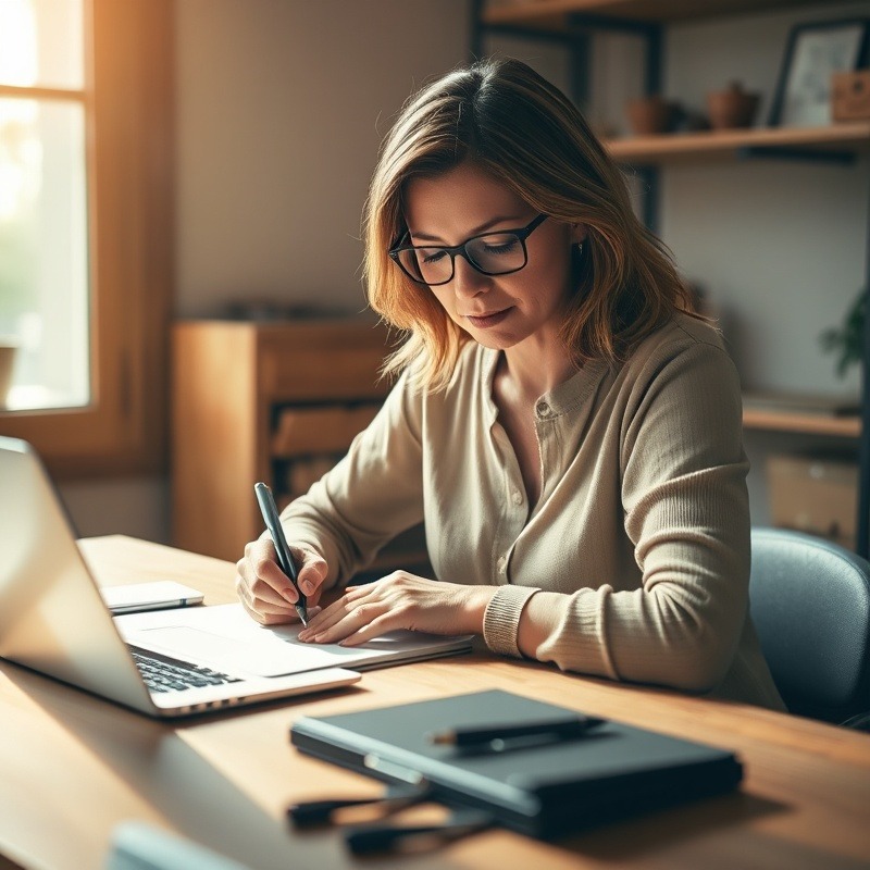 Individual writing notes for a salon financial checklist at a laptop.