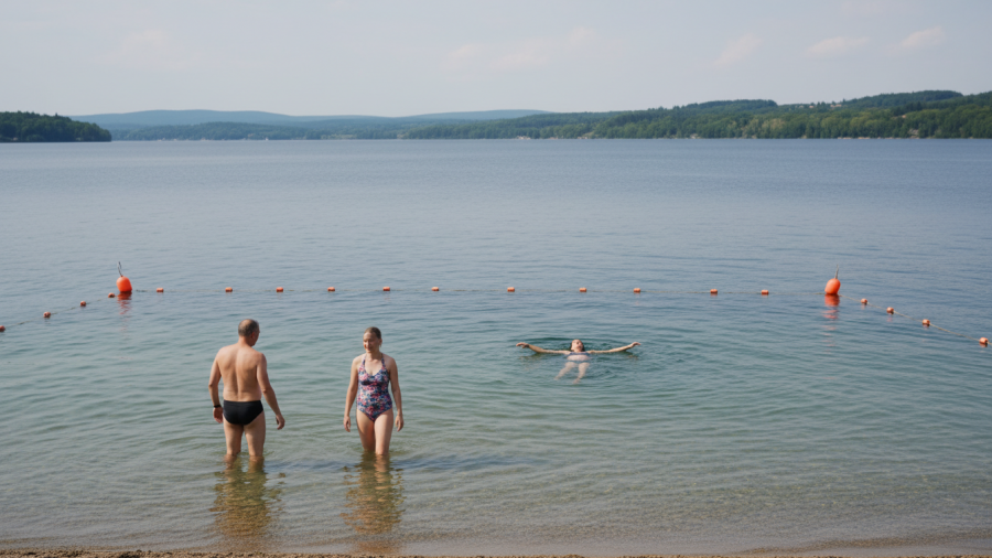 Open-water swimming scene with swimmers enjoying a natural lake without supervision.