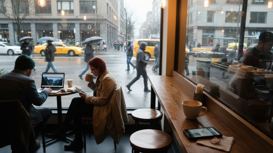 Seattle coffee shop window contrasting busy urban life with a moment of calm.