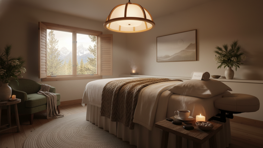 Tranquil treatment room for a solo luxury spa experience in Jackson WY.