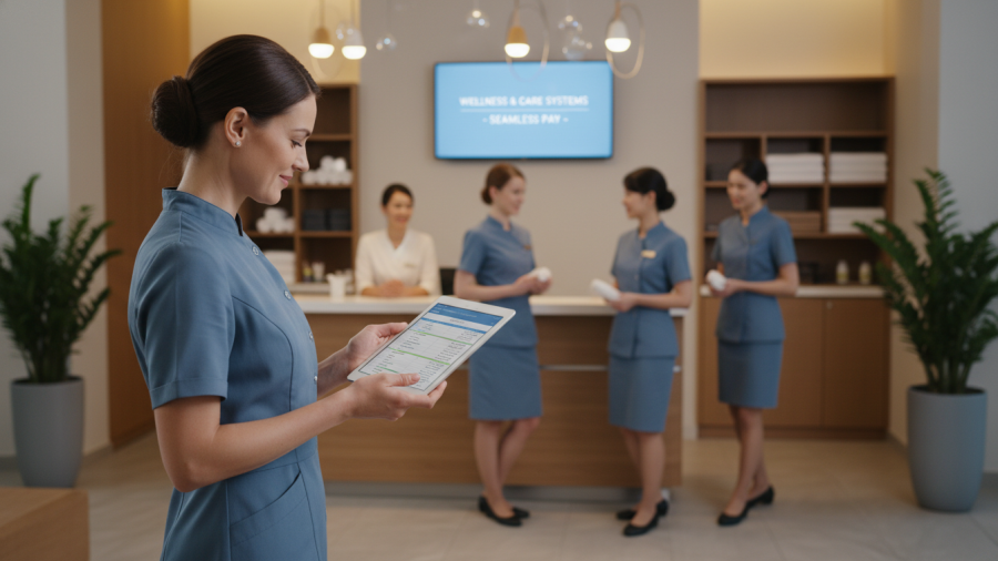 Spa manager reviews payroll on tablet, showcasing confidence in integrated systems.