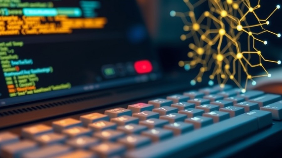 AI automation blends vintage keyboards with futuristic holograms, showcasing technology evolution.