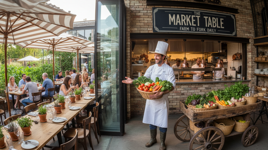 Chef and farmer exchanging fresh produce in a vibrant local sourcing restaurant model.