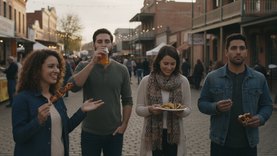 Friends exploring food events in historic Old Sacramento with diverse expressions.
