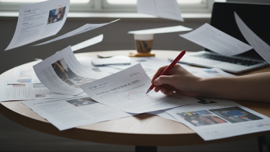 Dynamic scene of article snippets and citations illustrating AI citation volatility.