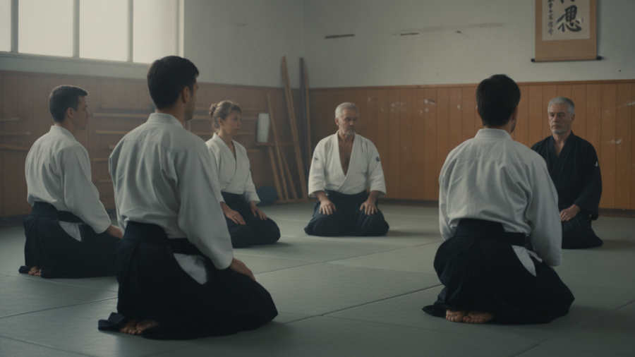 A calm Aikido class in Sacramento, showcasing students in seiza, reflecting respect and focus.