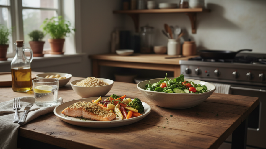 Balanced meal of salmon and veggies promoting calorie deficit and fitness goals.