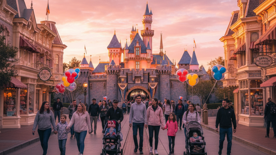 Golden-hour glow of Sleeping Beauty Castle at Disneyland, capturing Disney magic.