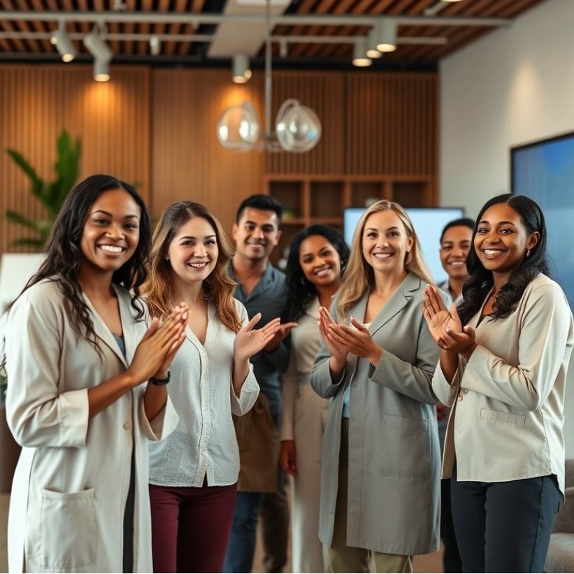 Diverse day spa employees in a collaborative day spa, smiling and clapping in the lobby of the day spa