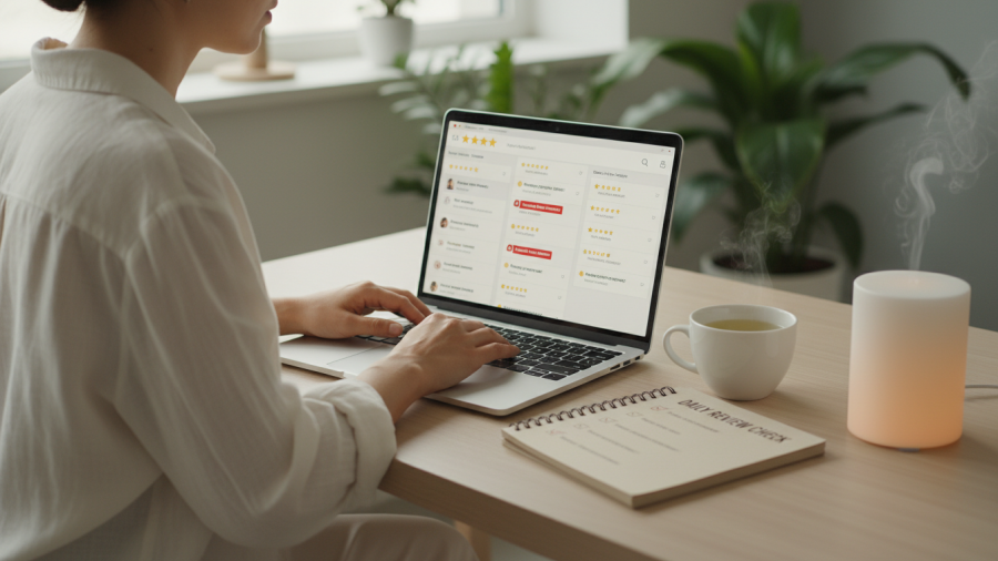 Spa manager reviews feedback on laptop at a minimalist desk, emphasizing client satisfaction.