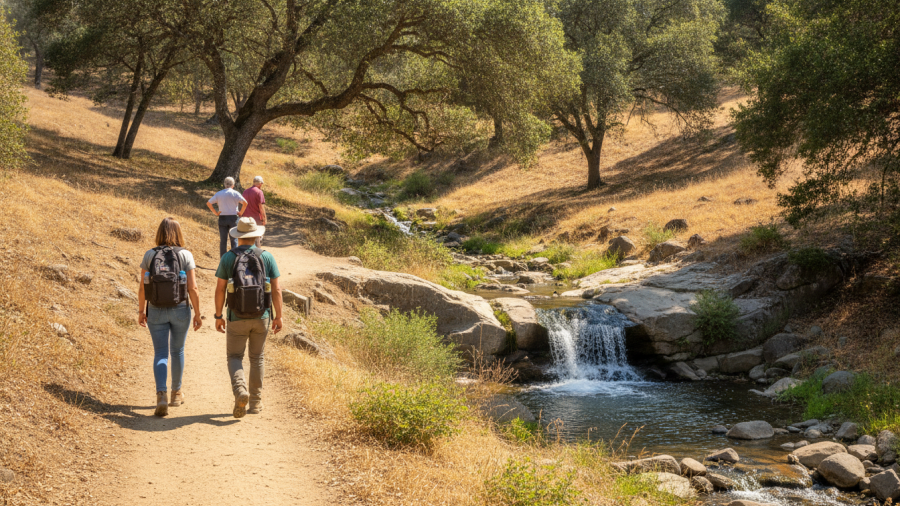A realistic weekend hiking scene at a Placer County foothill trail inspired by Hidden Falls Regional Park. Several hikers are spread naturally along a dusty trail through rolling oak woodland.