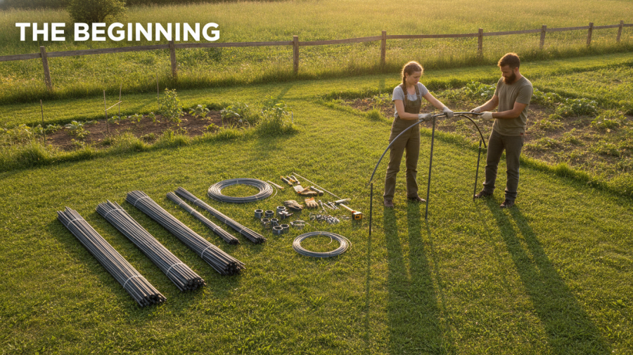 DIY arch trellis for Sacramento gardens made from rebar for vertical gardening.