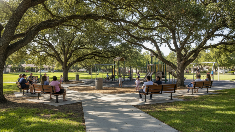 Shaded seating at Oki Park Sacramento offers a family-friendly vibe with playground visibility.