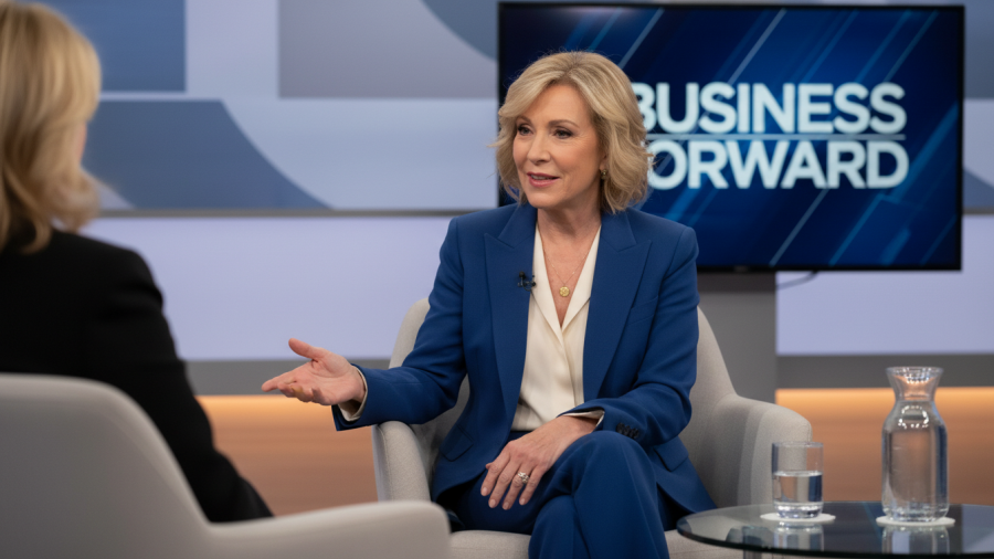 Barbara Corcoran engaged in a television interview, exemplifying approachable leadership.