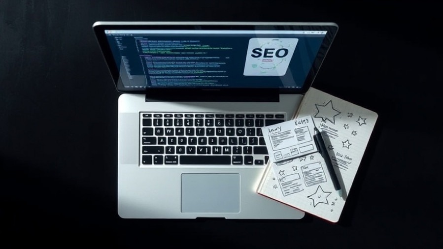 Laptop showcasing structured data for products with SEO tags and creative doodles.