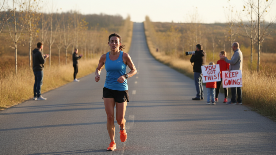 Marathon runner battles fatigue in Sacramento Marathon culture, showcasing community achievements.