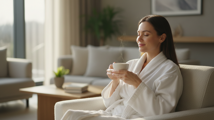 Relaxed spa client enjoying a tranquil moment, embodying the perfect spa customer experience.