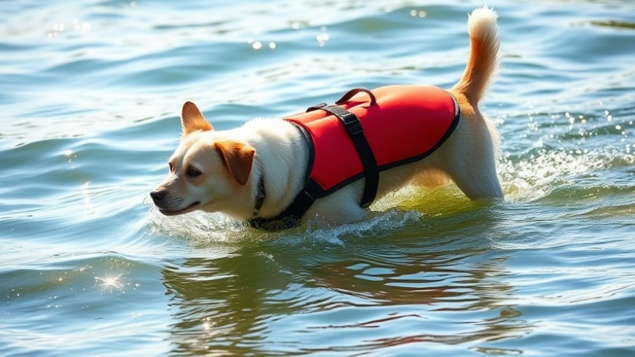 Confident dog in a red life jacket enjoying beach water safely, promoting pet health.