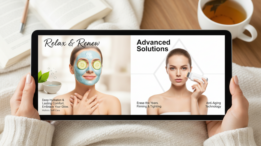 Client explores anti aging vs longevity spa treatments, focusing on relaxation and care.