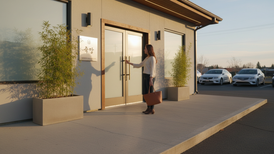 Woman hesitates before entering a women-only Korean spa, reflecting curiosity and emotion.