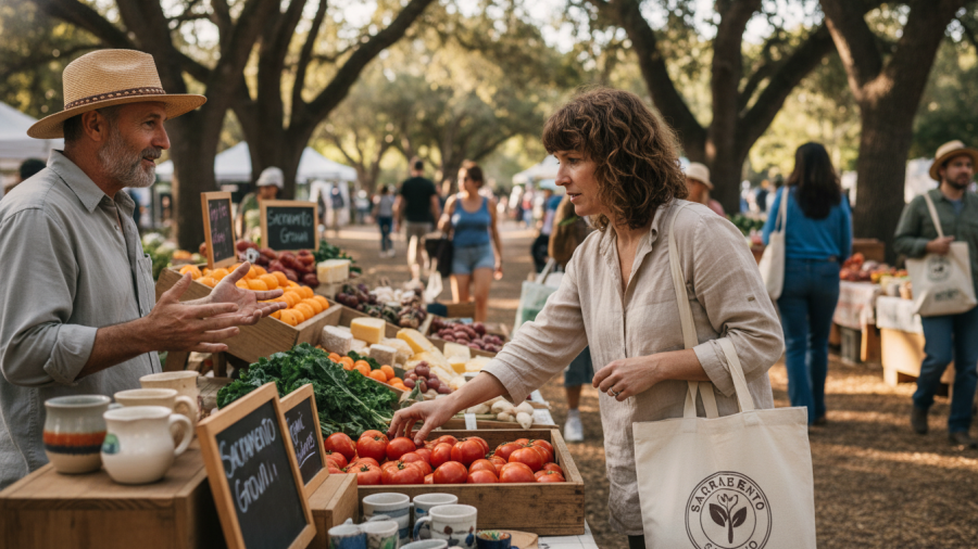 Candid scene at Sacramento farmers market capturing thoughtful shopping moments.