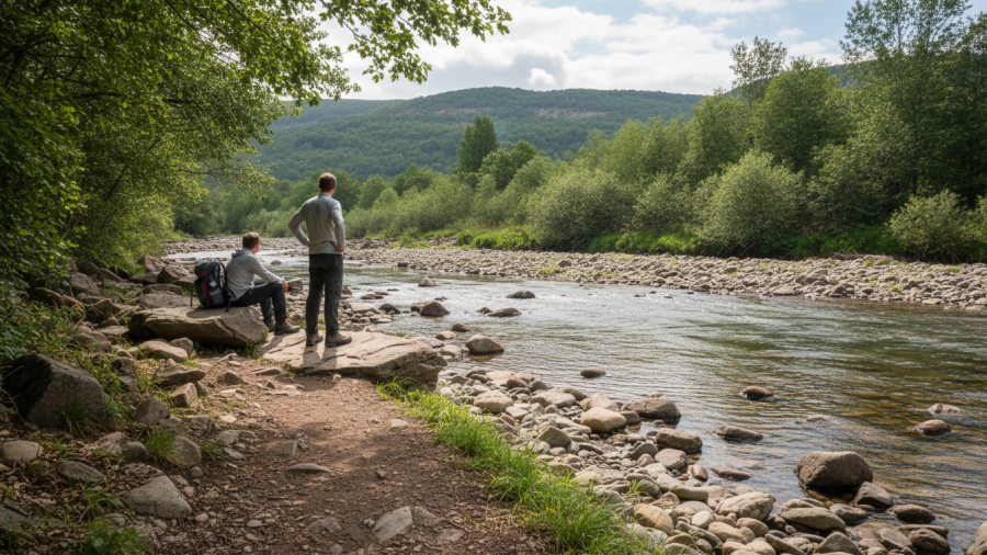 Auburn State Recreation Area trail ends at a rocky riverbank, showcasing hiking difficulty.