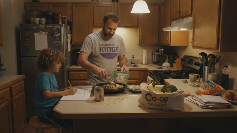 Sacramento father preparing quick dinner with fresh and ultra processed foods, engaging with child.