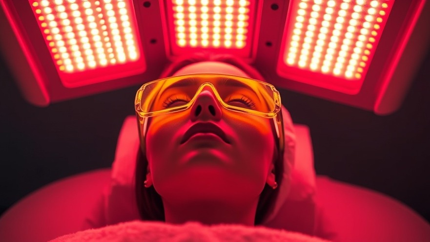 Spa client undergoing non-invasive skin therapy under glowing red LED panels.