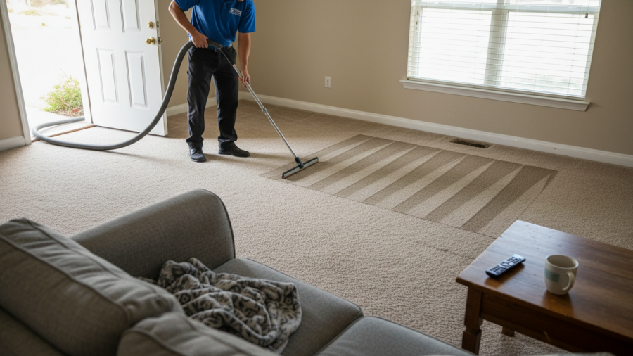 Professional carpet cleaning in a Sacramento home, showcasing visible results and lived-in charm.