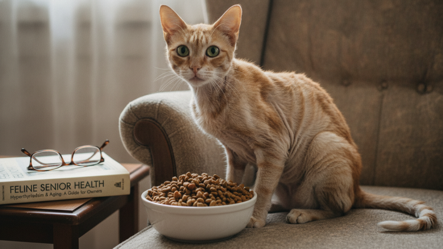 Older cats with hyperthyroidism may eat more yet lose weight, an early warning sign.