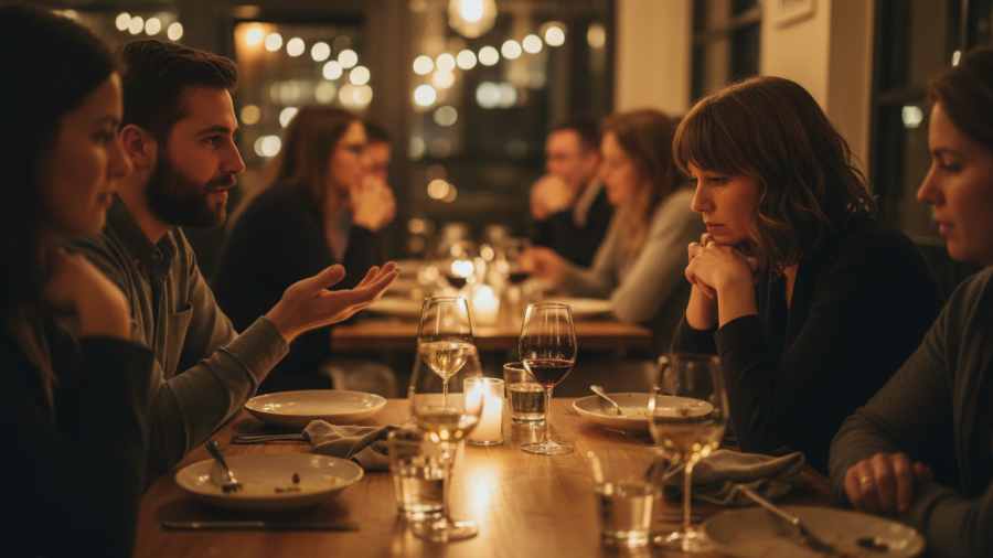 Reflective moment in community dining Sacramento, capturing food and friends.