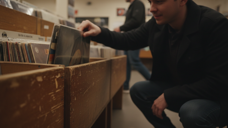 A person discovers a vinyl record in a Sacramento record store, capturing the vinyl revival moment.