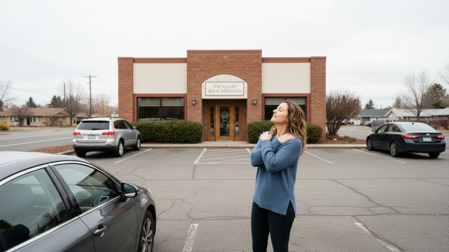 A person pauses beside their car, ready to unwind at a Spokane Valley day spa.