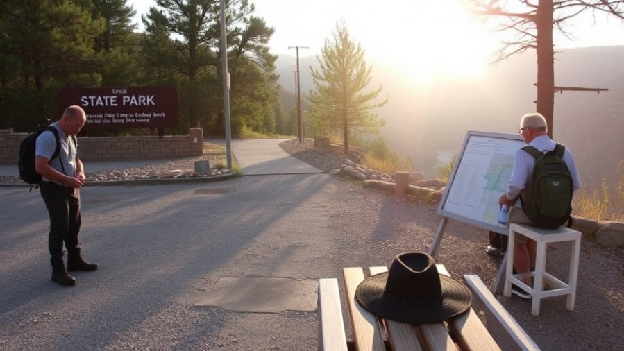 Morning light at the trailhead with visitors prepping for a river canyon hike.