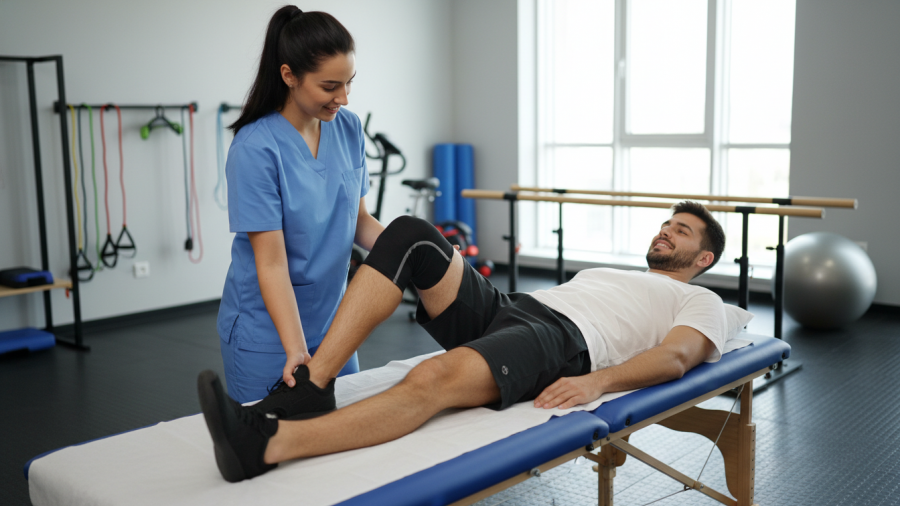 Physical therapist assisting athlete with sports injury recovery and early intervention.
