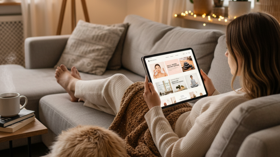 Woman in cozy loungewear browsing wellness blogs, highlighting programmatic advertising.