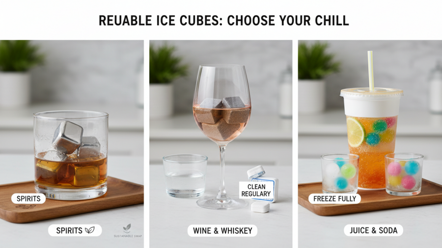 Eco-friendly reusable ice cubes for sustainable living, perfect for various drinks.